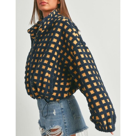 Women Orange Cropped Sherpa Fleece Plaid Jacket Chunky Outerwear - Picture 2 of 7